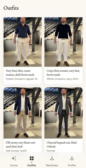 Four AI-generated outfits rendered on the same person
