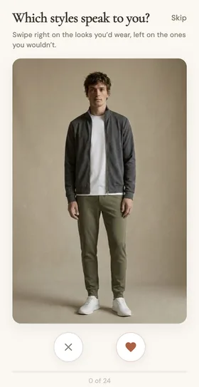 Swiping right on a look in the Misfits taste onboarding
